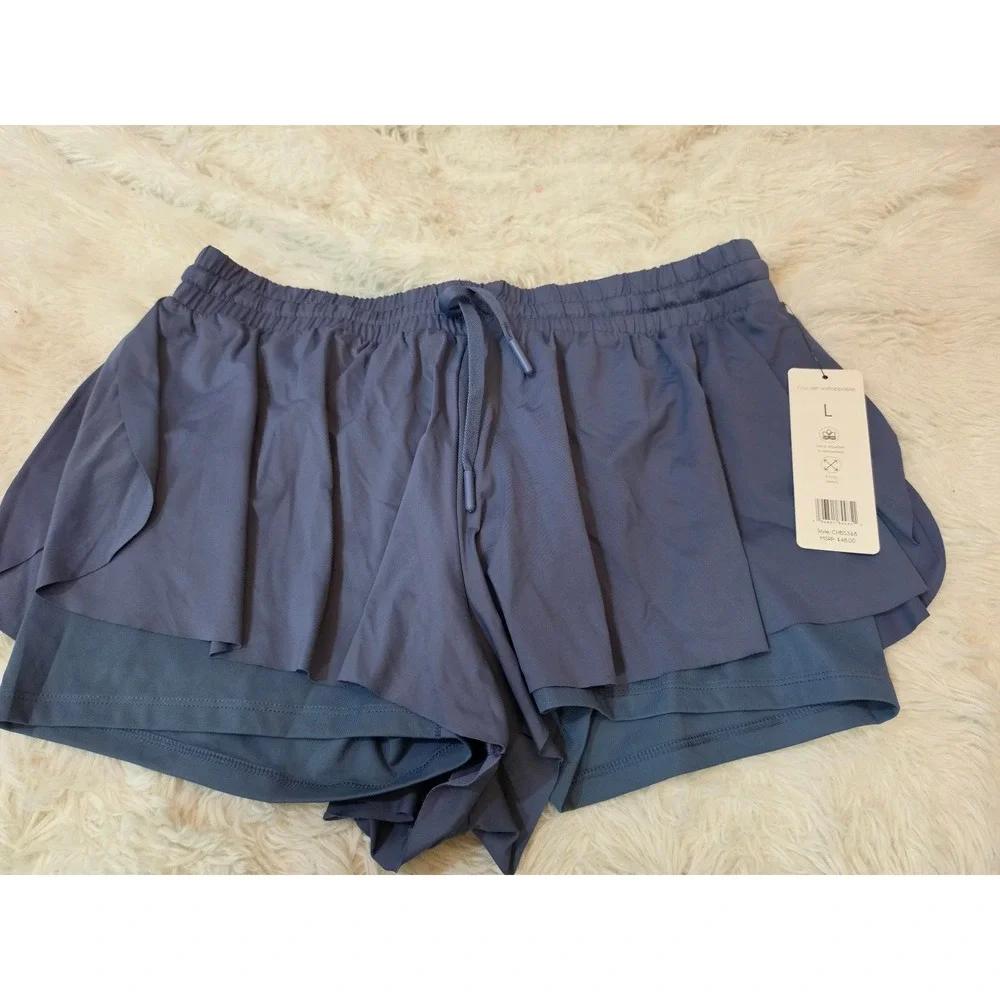 NWT Slate Blue 2-in-1 Flowy Running Shorts – Size L 4-Way Stretch Workout